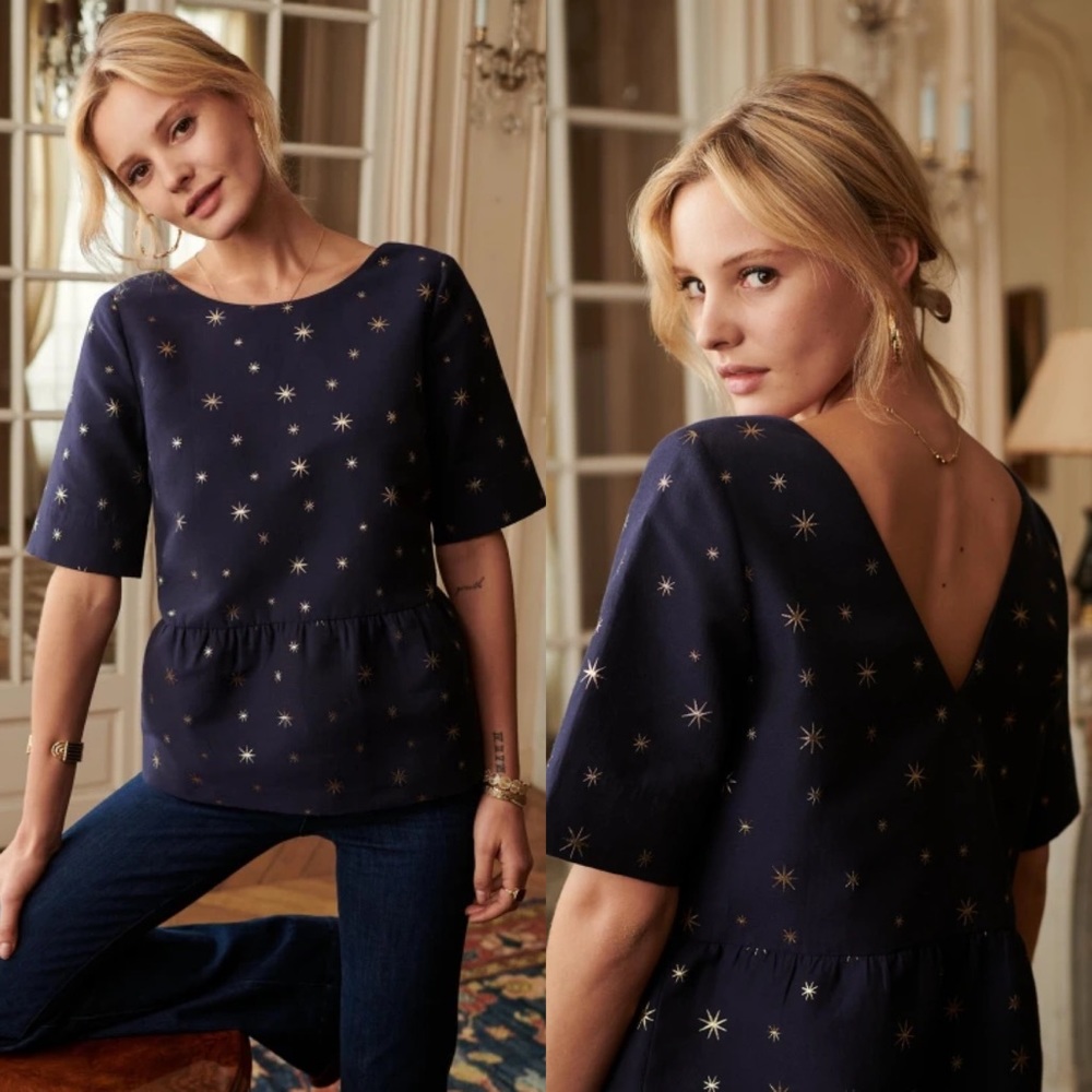 SEZANE Amele Blouse in Navy Golden Stars